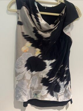Elie Tahari Black, Silver & Cream Draped Neck Floral Shell